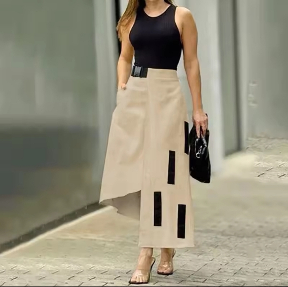New Spring Women Fashion Buckle HighWaist A-Line Skirts Loose Asymmetric Pocket - Picture 2 of 3